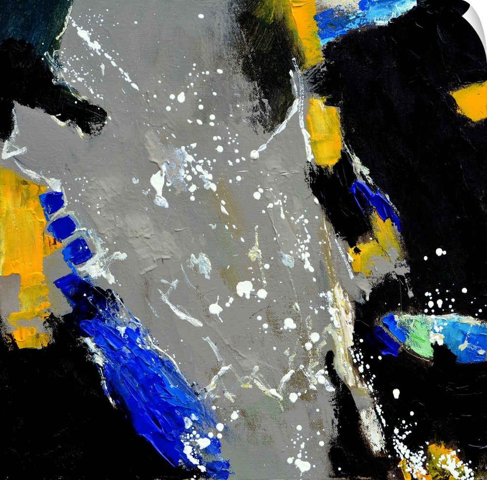 A square abstract painting in textured shades of gray, blue, black and yellow with splatters of paint overlapping.