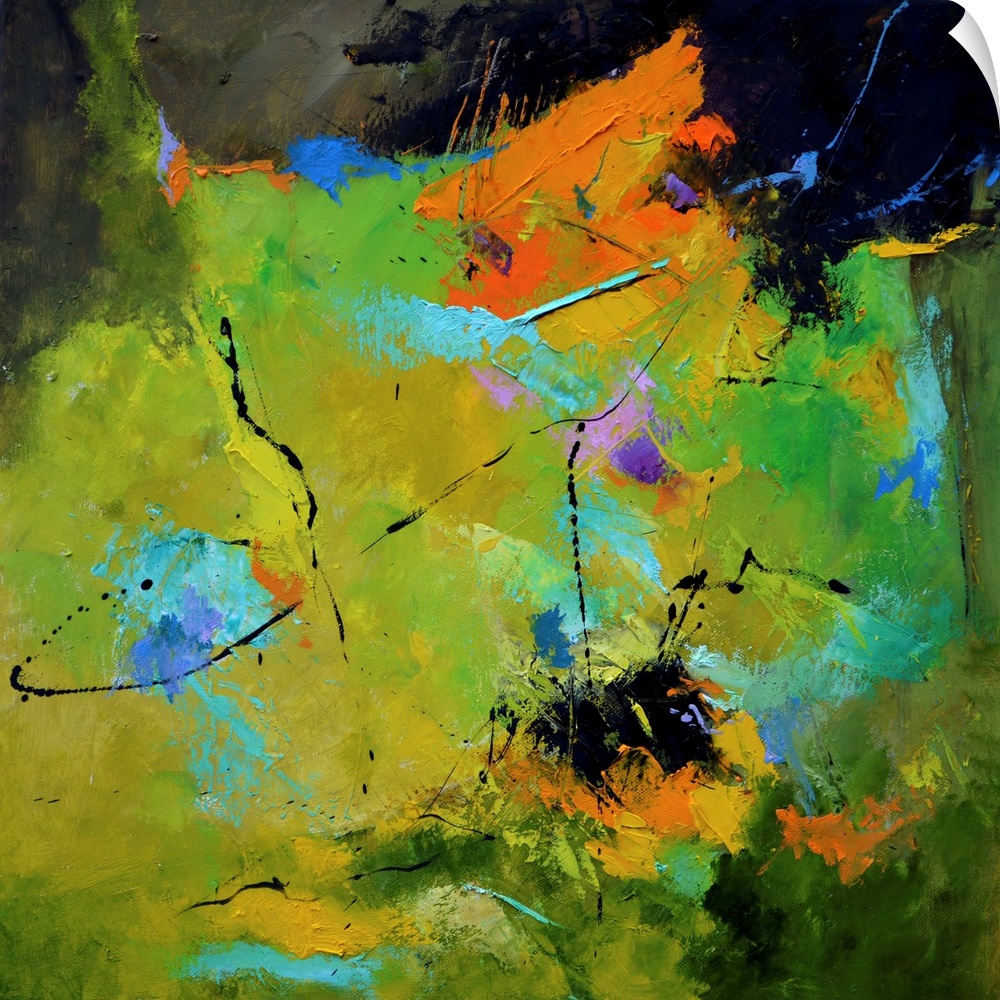 A square abstract painting in textured shades of green, blue and orange with splatters of paint overlapping.