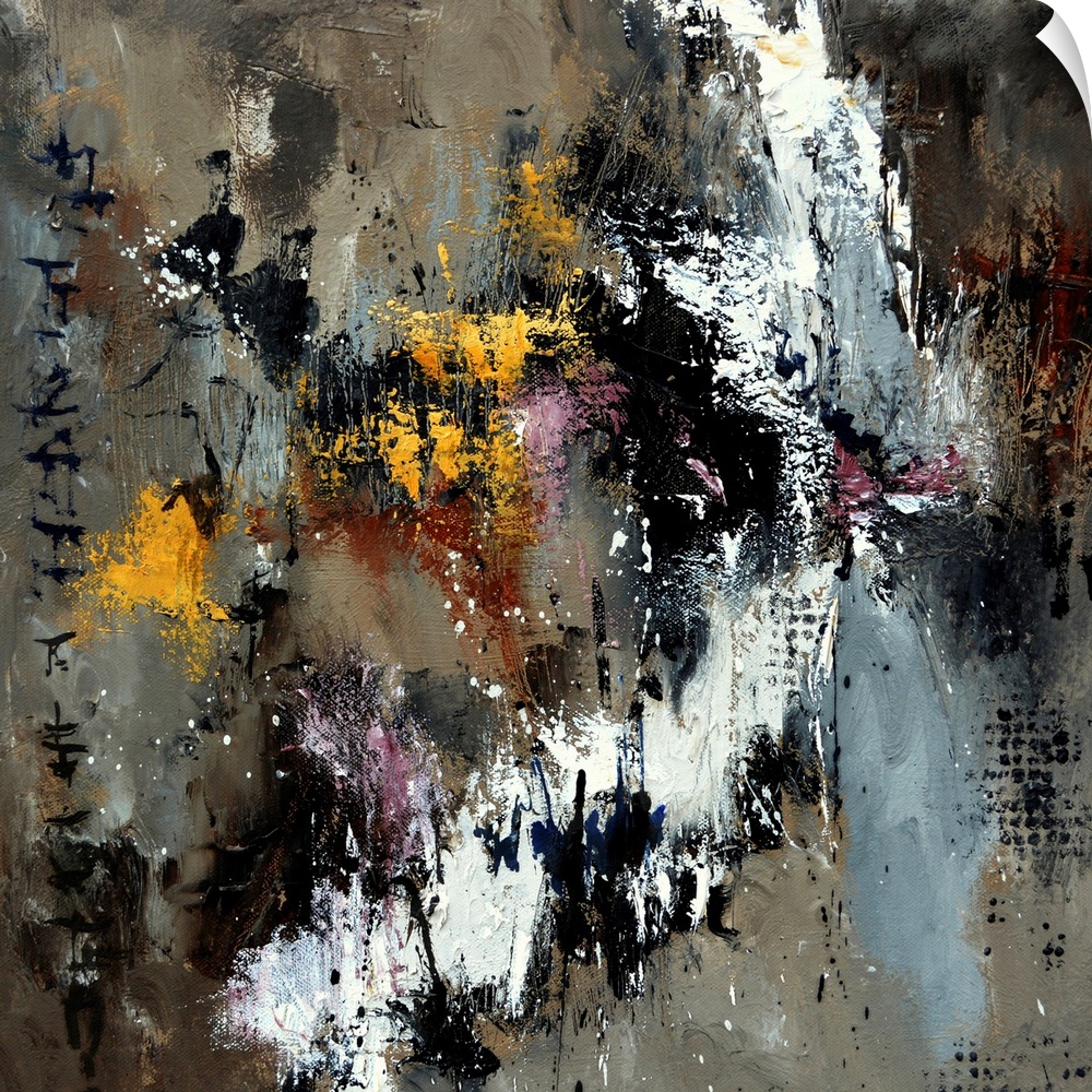 A square abstract painting with shades of gray and brown with yellow accents.