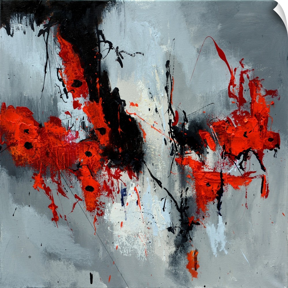 A square abstract painting in textured shades of black, red, white and gray with splatters of paint overlapping.