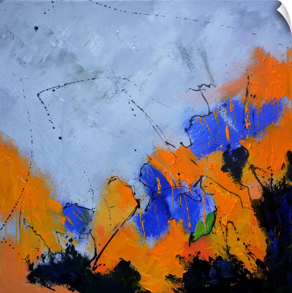 A square abstract painting in dark shades of black, blue and orange with splatters of paint overlapping.
