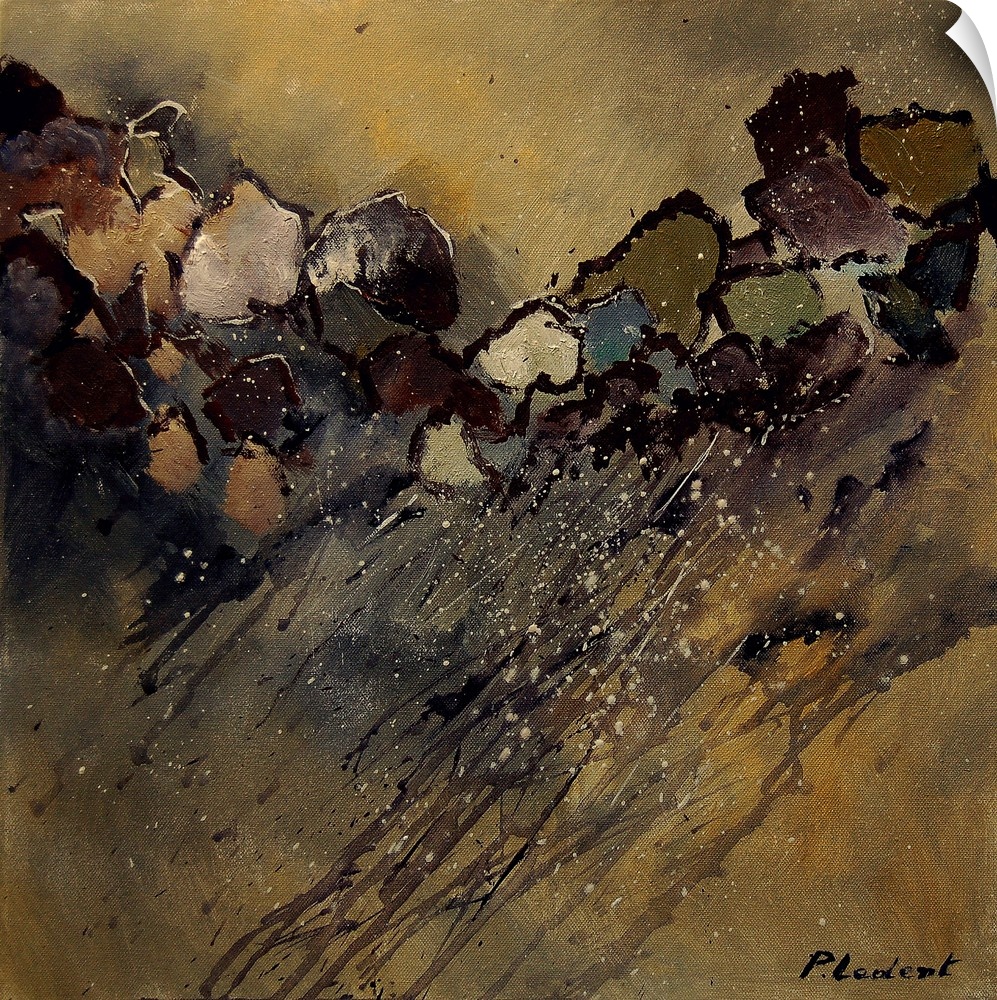 Abstract painting of stones in natural colors of textured brush strokes and splattered paint.