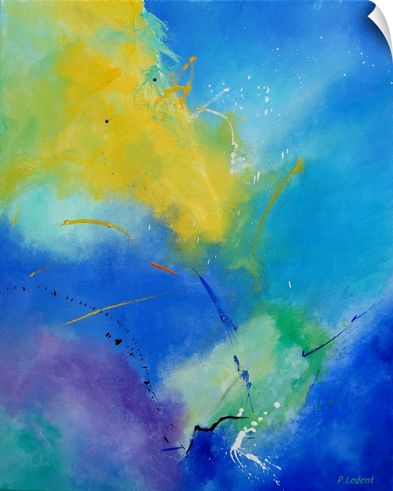 A vertical abstract painting in textured shades of blue, green and yellow with splatters of paint overlapping.