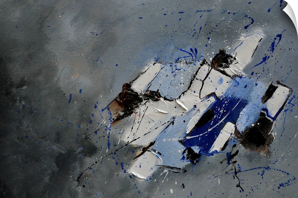 Abstract painting with muted hues in shades of blue and white mixed in with black contrasting designs.