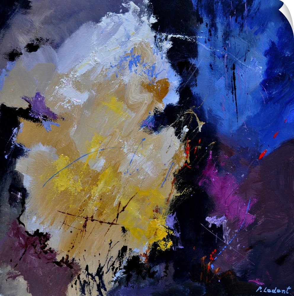 Abstract painting with darken hues in shades of yellow, blue, purple, and white mixed in with black contrasting designs.