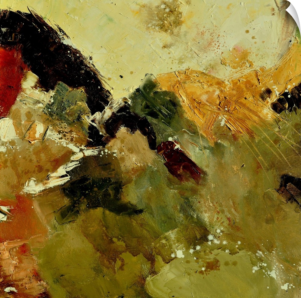 Abstract painting with muted hues in shades of red, yellow, green and brown mixed in with black contrasting designs.