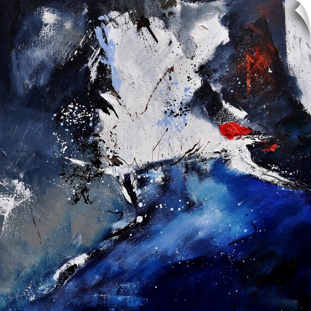 A square abstract painting of colors of black, white and blue in bold brush strokes and splattered paint.