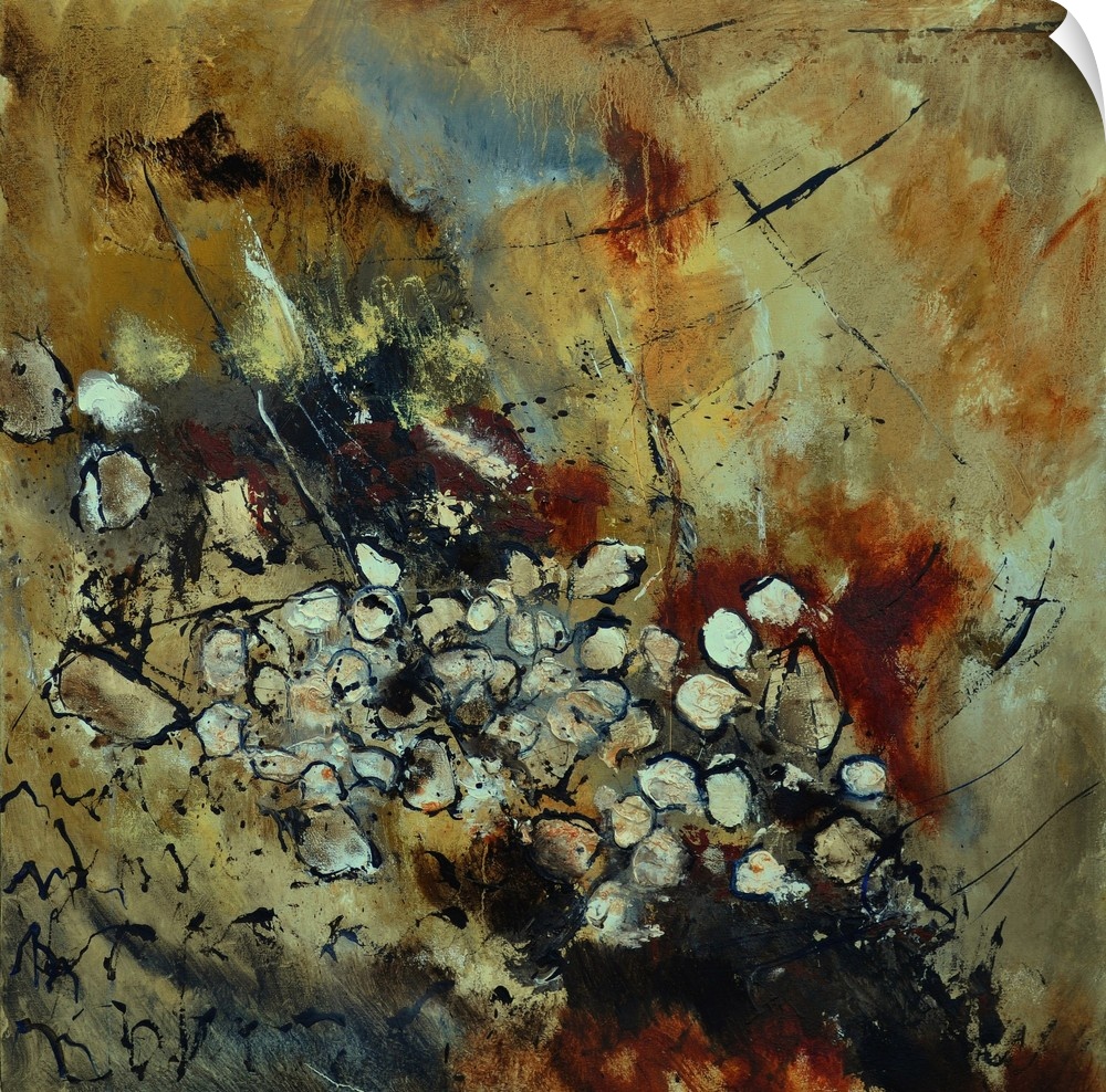 A square abstract painting in dark shades of black, white, brown and orange with splatters of paint overlapping.