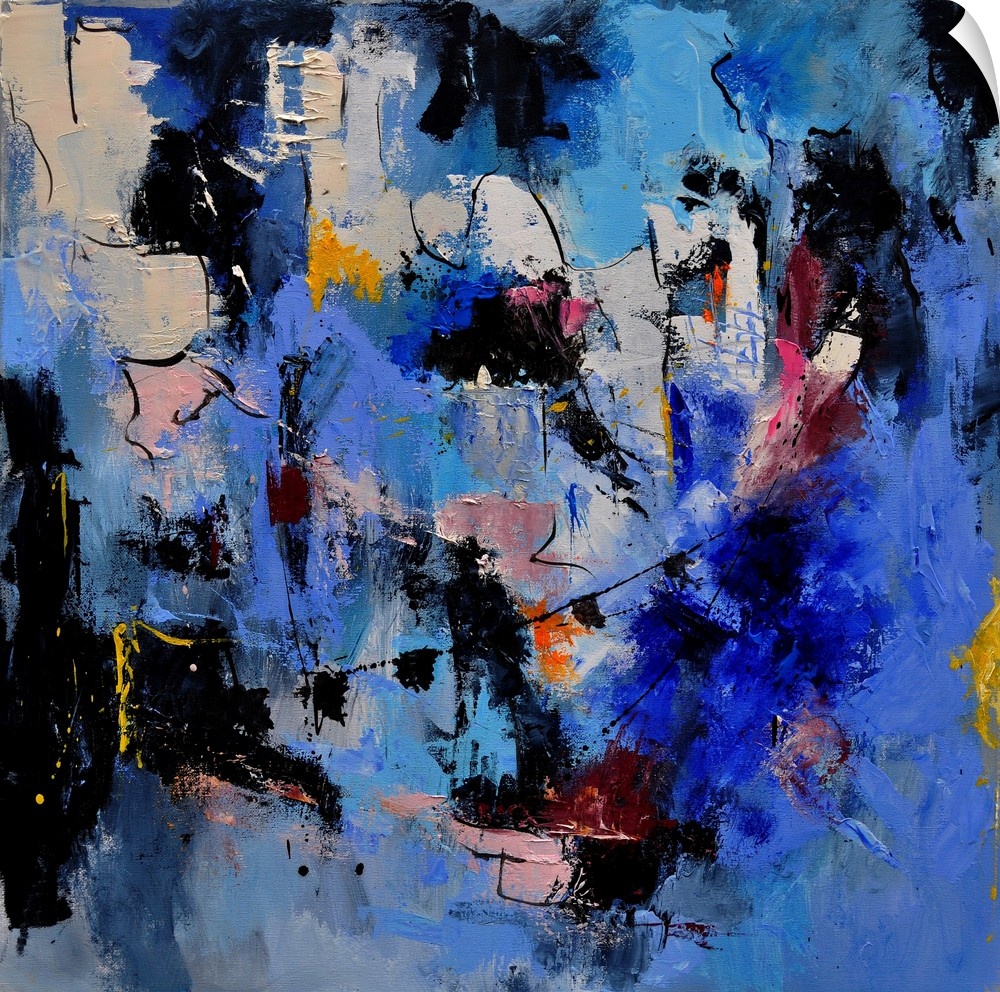A square abstract painting in dark shades of black, blue, white and pink with splatters of paint overlapping.