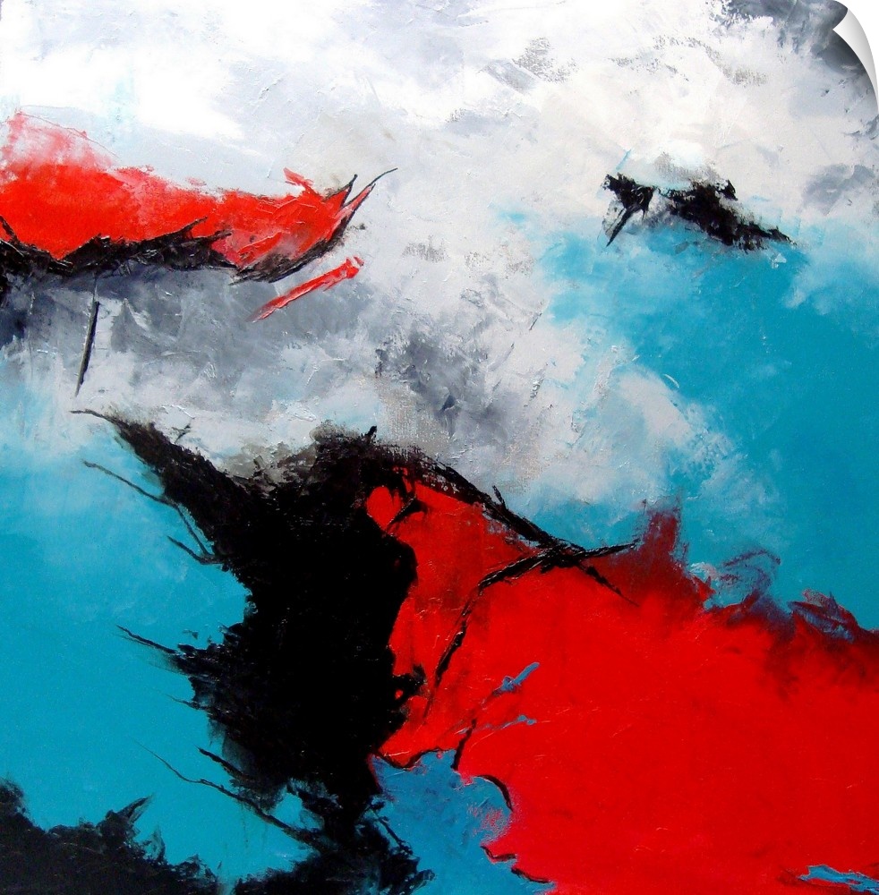 A square abstract painting in textured shades of black, blue, white and red with splatters of paint overlapping.