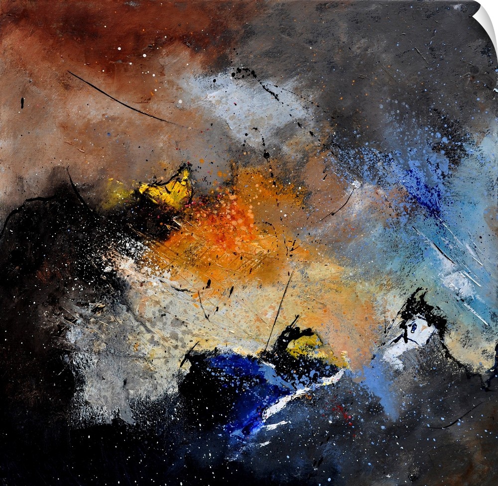 A square abstract painting in dark shades of black, blue, brown and orange with splatters of paint overlapping.