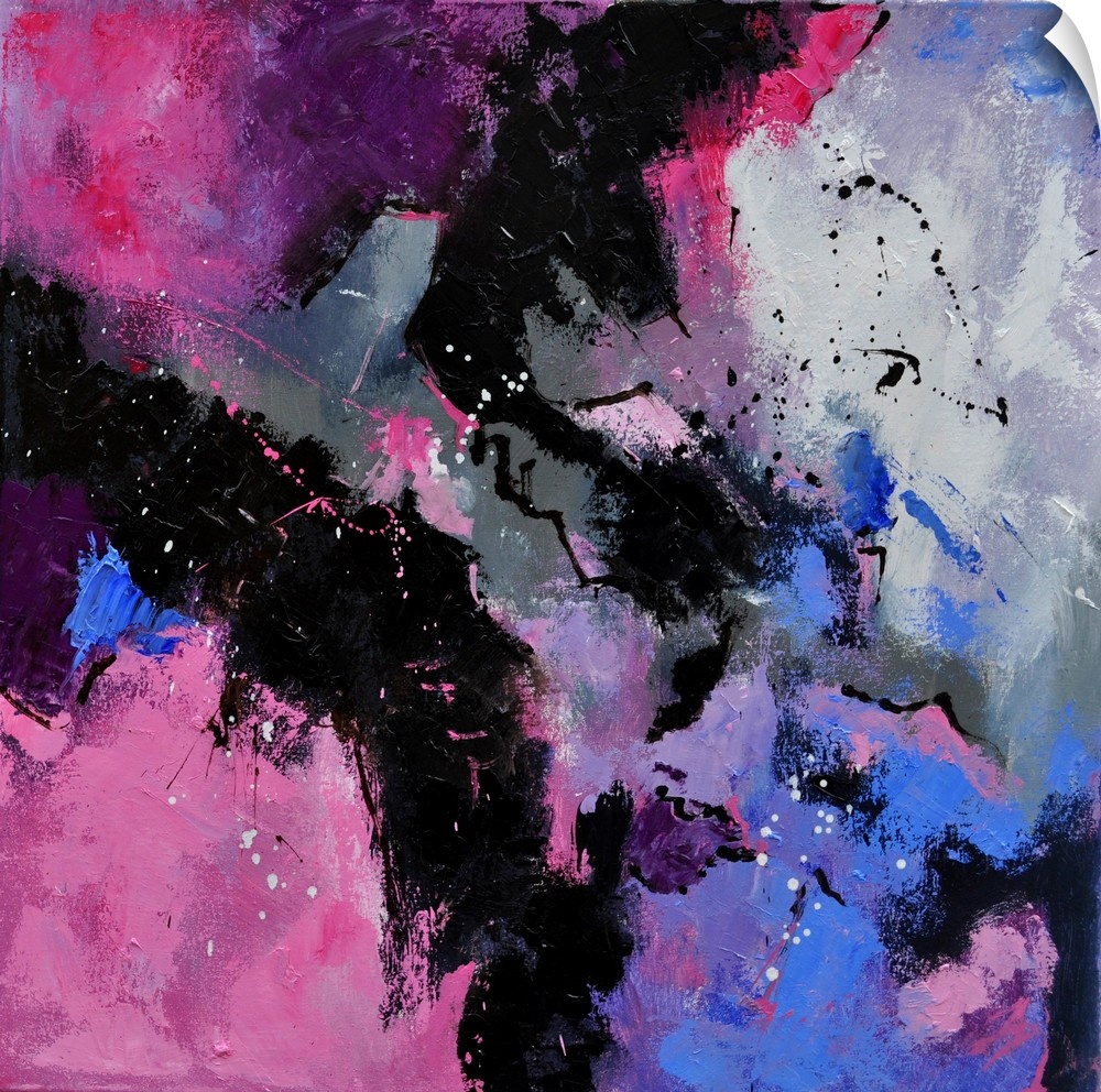 A square abstract painting in dark shades of black, purple and pink with splatters of paint overlapping.