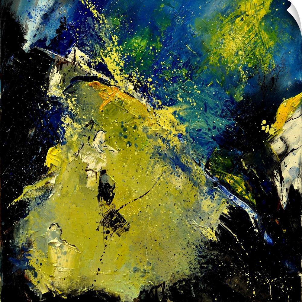 A square abstract painting in textured shades of black, blue and yellow with splatters of paint overlapping.