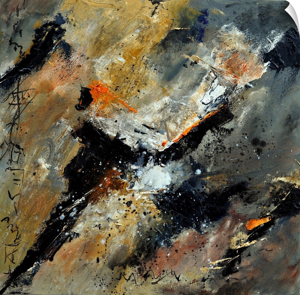 A square abstract painting in dark shades of black, orange, white and brown with splatters of paint overlapping.