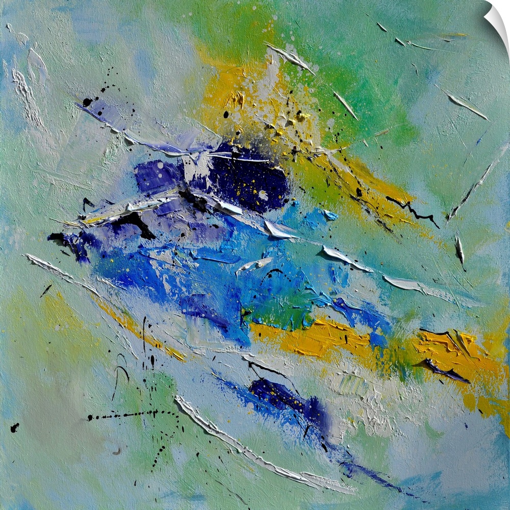 A squarel abstract painting in textured shades of green, blue and yellow with splatters of paint overlapping.