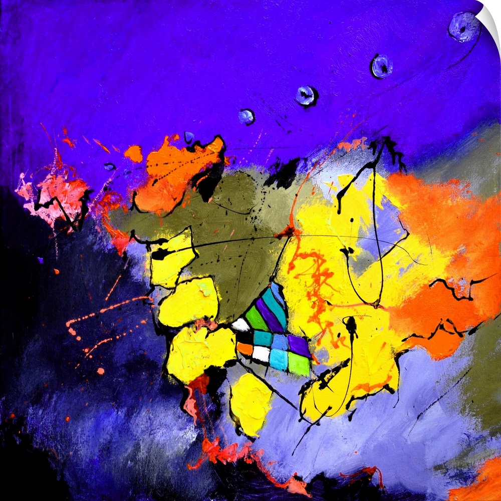 A square abstract painting in vibrant shades of purple, orange and yellow with splatters of paint overlapping.