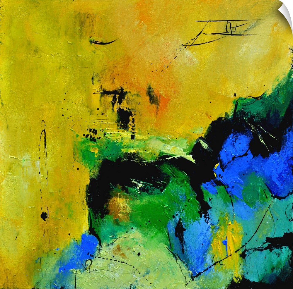 A square abstract painting in shades of green, blue, white and yellow with splatters of paint overlapping.