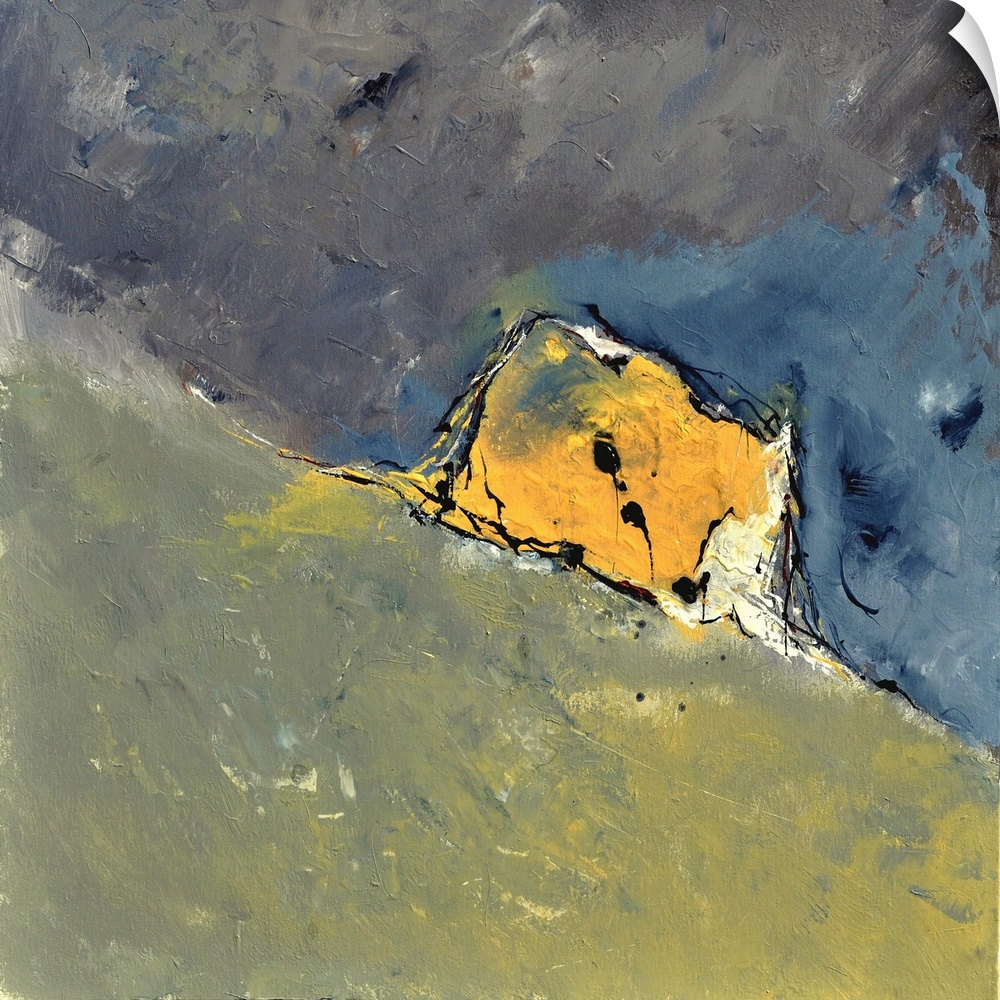 A contemporary abstract painting of green and blue with a square yellow shape in the center.