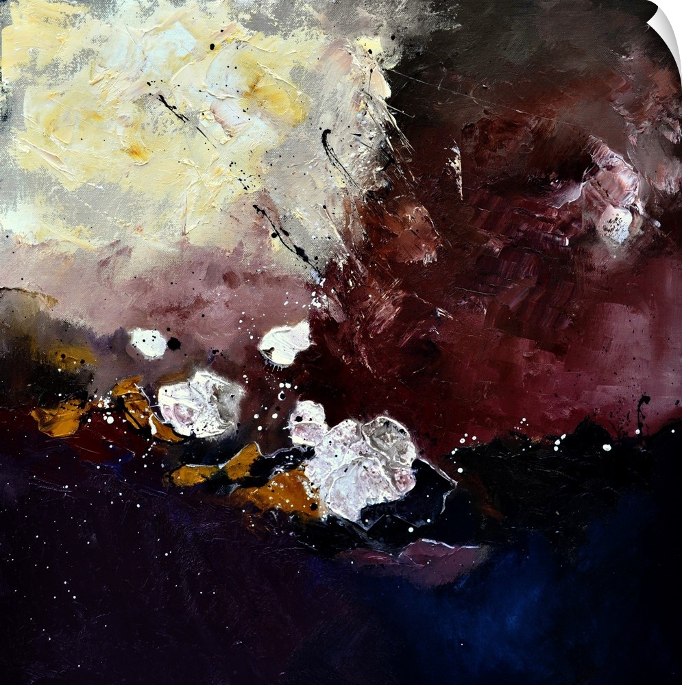 A square abstract painting in shades of black, brown, white and yellow with splatters of paint overlapping.