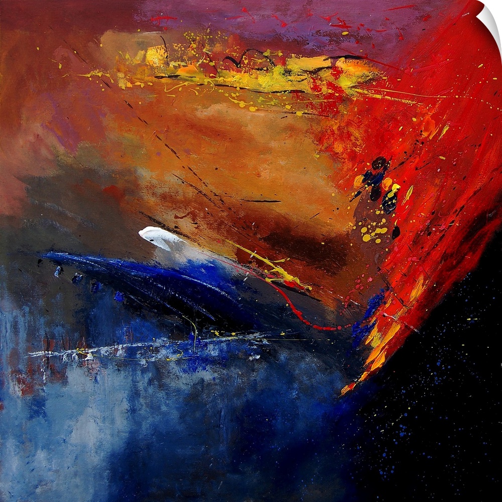 A horizontal abstract painting of vibrant colors of yellow, red and blue in bold brush strokes and splattered paint.