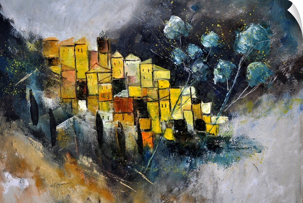 Abstract painting made in shades of brown, yellow, black and white with a small hint of orange, representing a village.