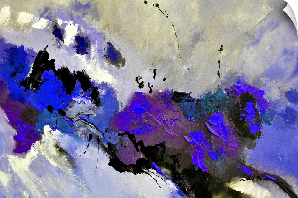 Abstract painting in dark shades of black, blue and gray with splatters of paint overlapping.
