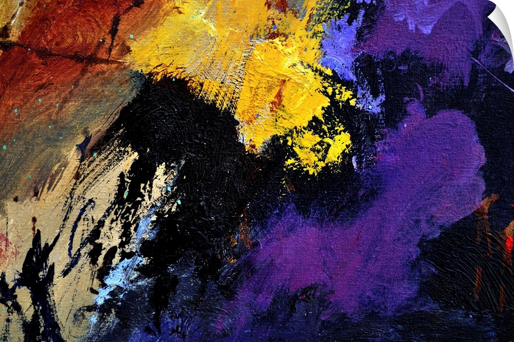 Abstract painting with vibrant hues in shades of yellow, blue, purple, and brown mixed in with black contrasting designs.