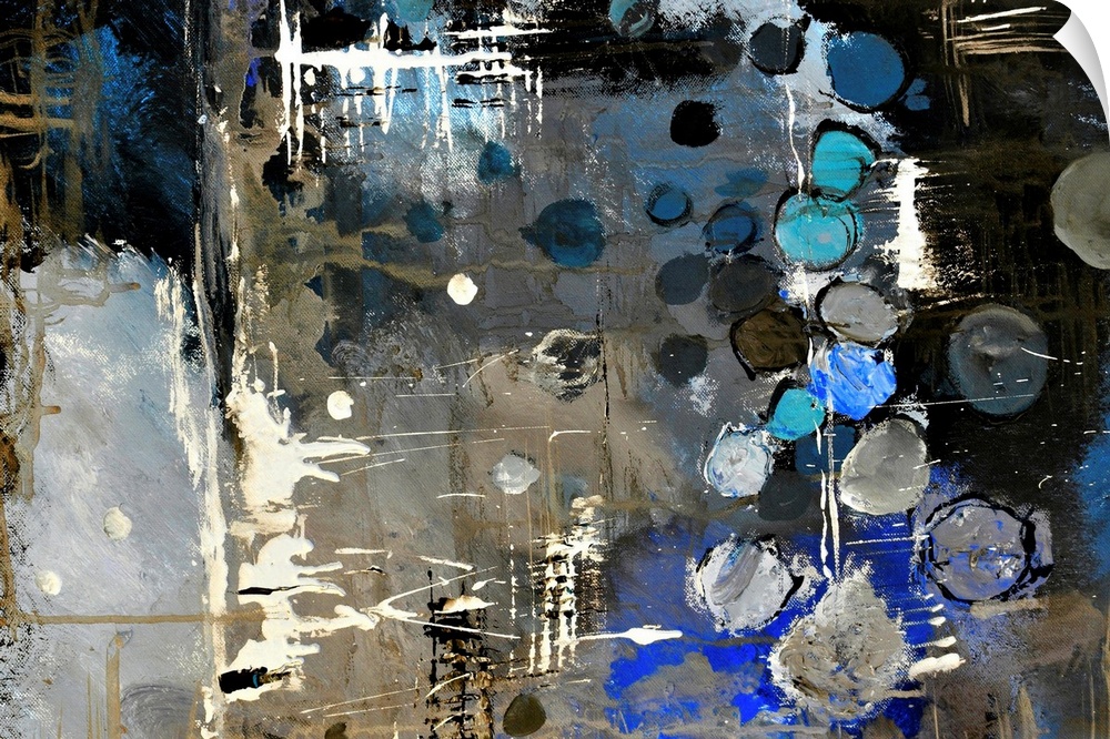 Abstract painting of colors of blue, white and black in bold brush strokes and splattered paint.