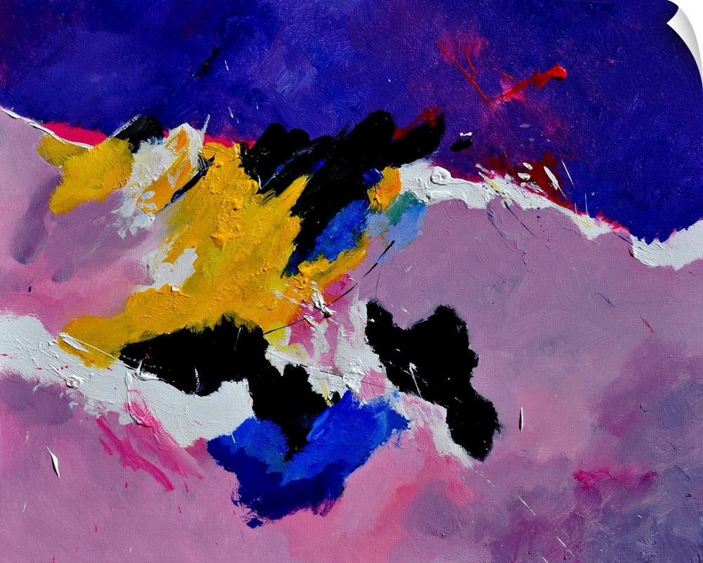 Abstract painting in shades of yellow, blue, pink, purple, and white mixed in with black contrasting designs.