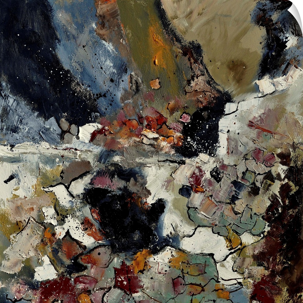 A square abstract painting in dark shades of black, brown, white and gray with splatters of paint overlapping.