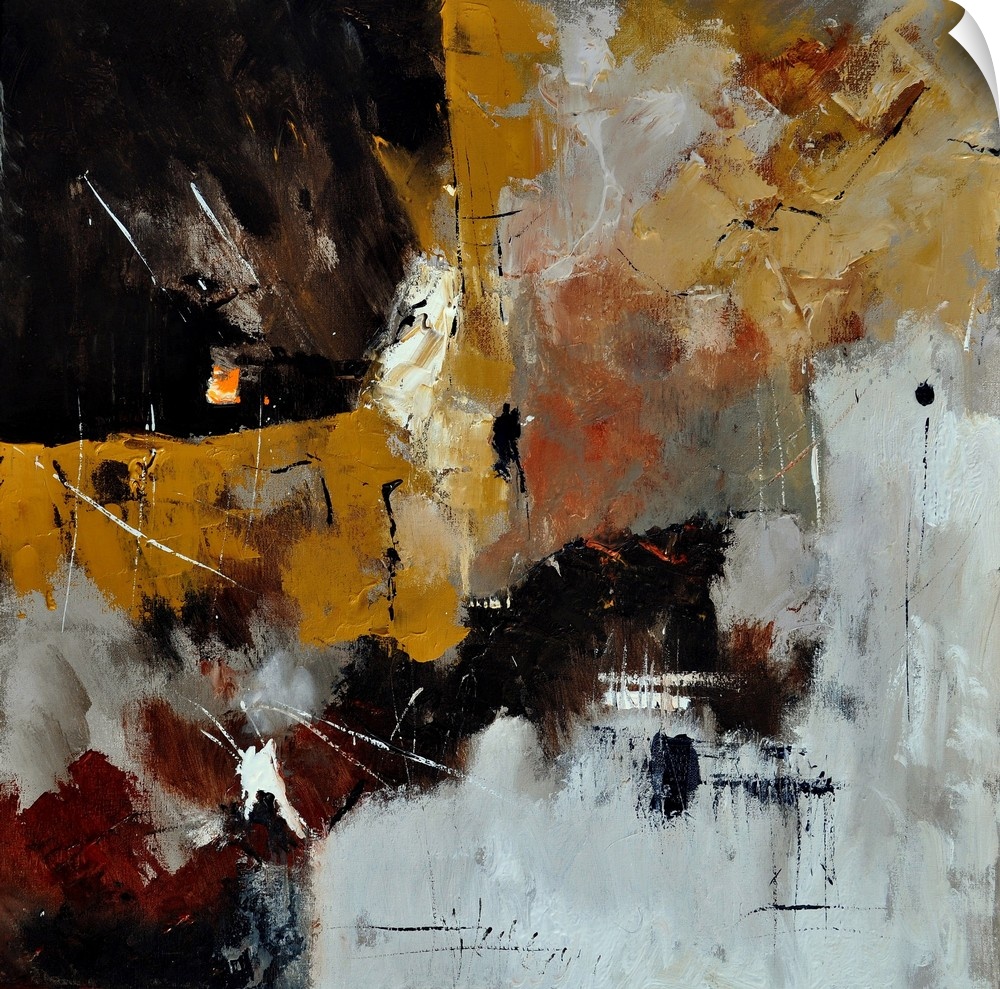 Abstract painting in shades of brown, gray and white mixed in with black contrasting designs.