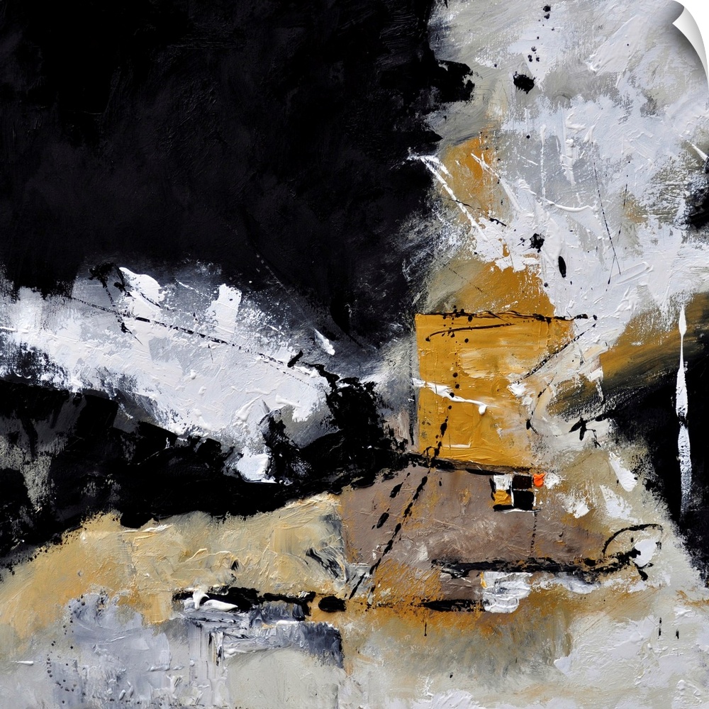 A square abstract painting in textured shades of black, brown and gray with splatters of paint overlapping.