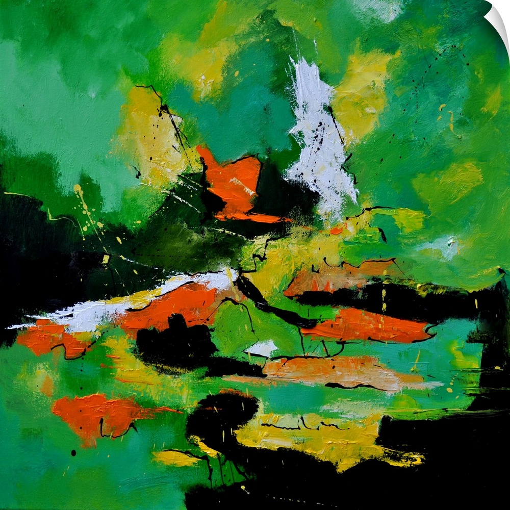 A square abstract painting in textured shades of green, orange and black with splatters of paint overlapping.