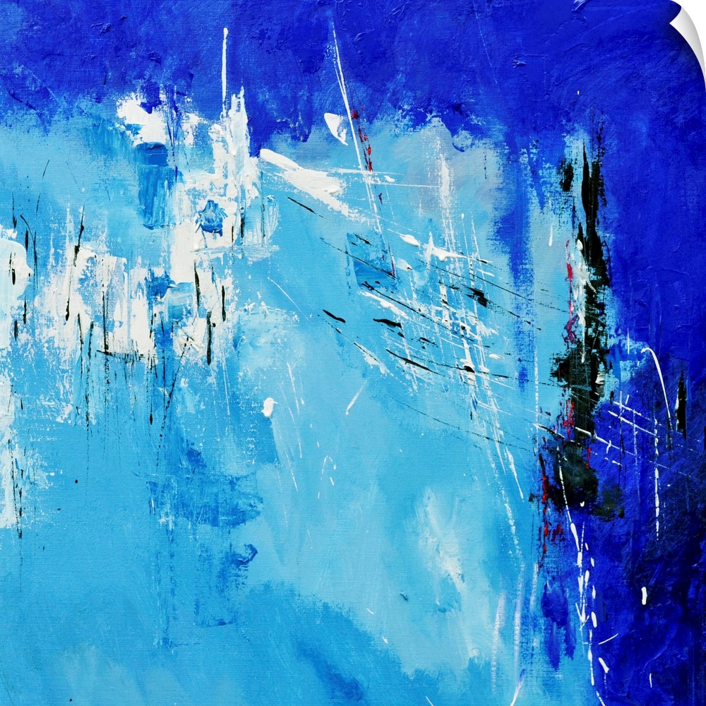 A square abstract painting in shades of white and blue with splatters of paint overlapping.