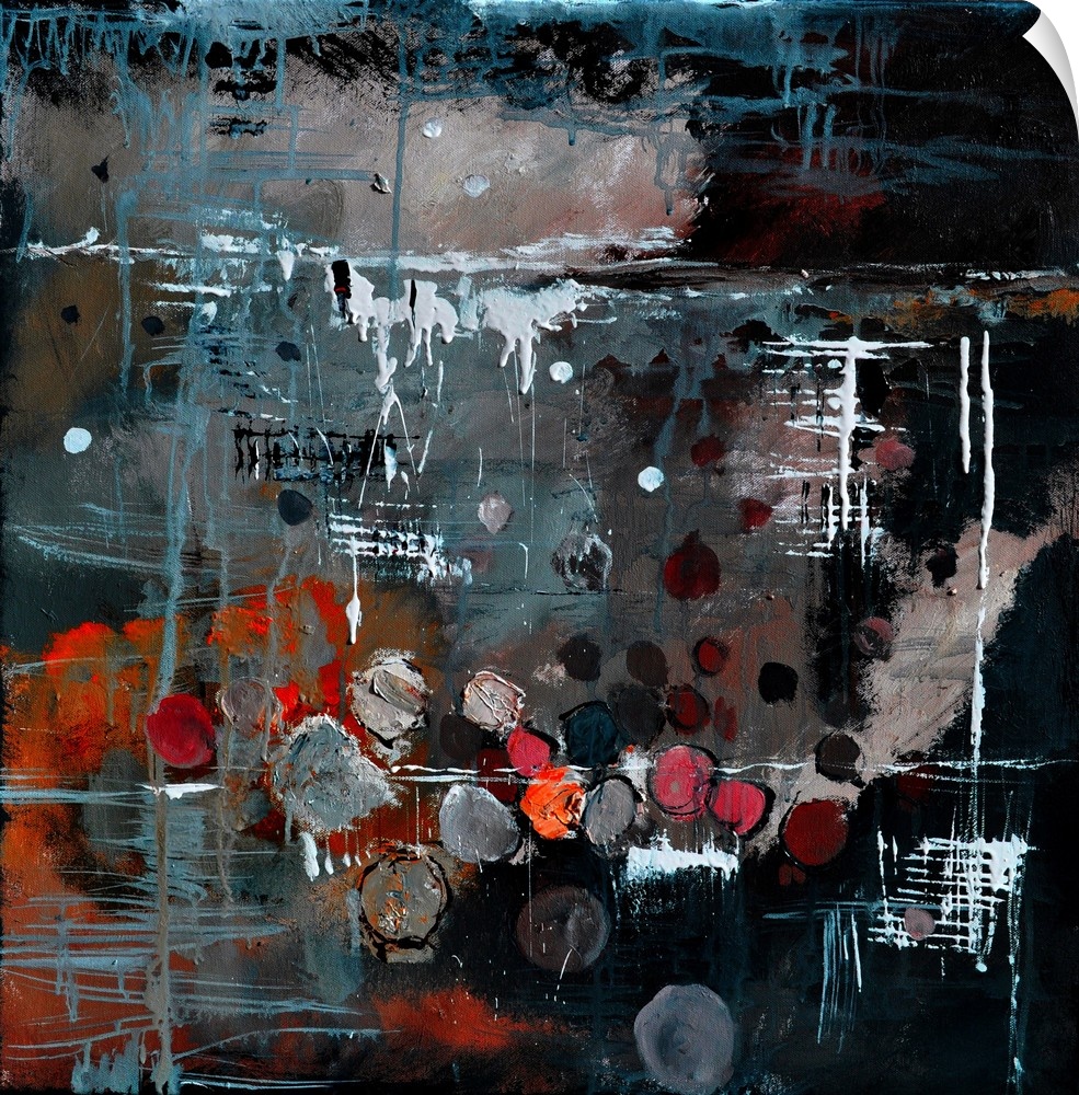A square abstract painting in dark shades of black, red and white with splatters of paint overlapping.