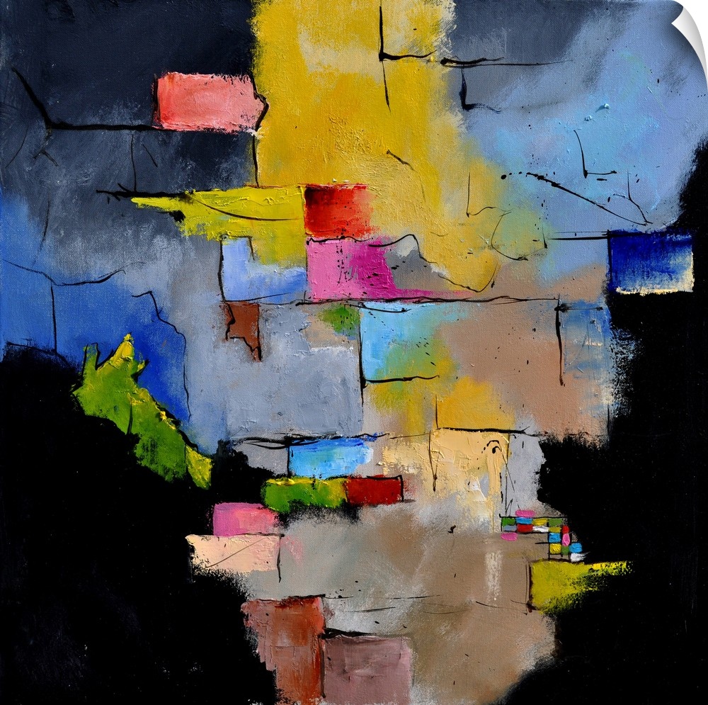 Abstract painting in shades of blue, yellow, brown and red mixed in with black contrasting designs.