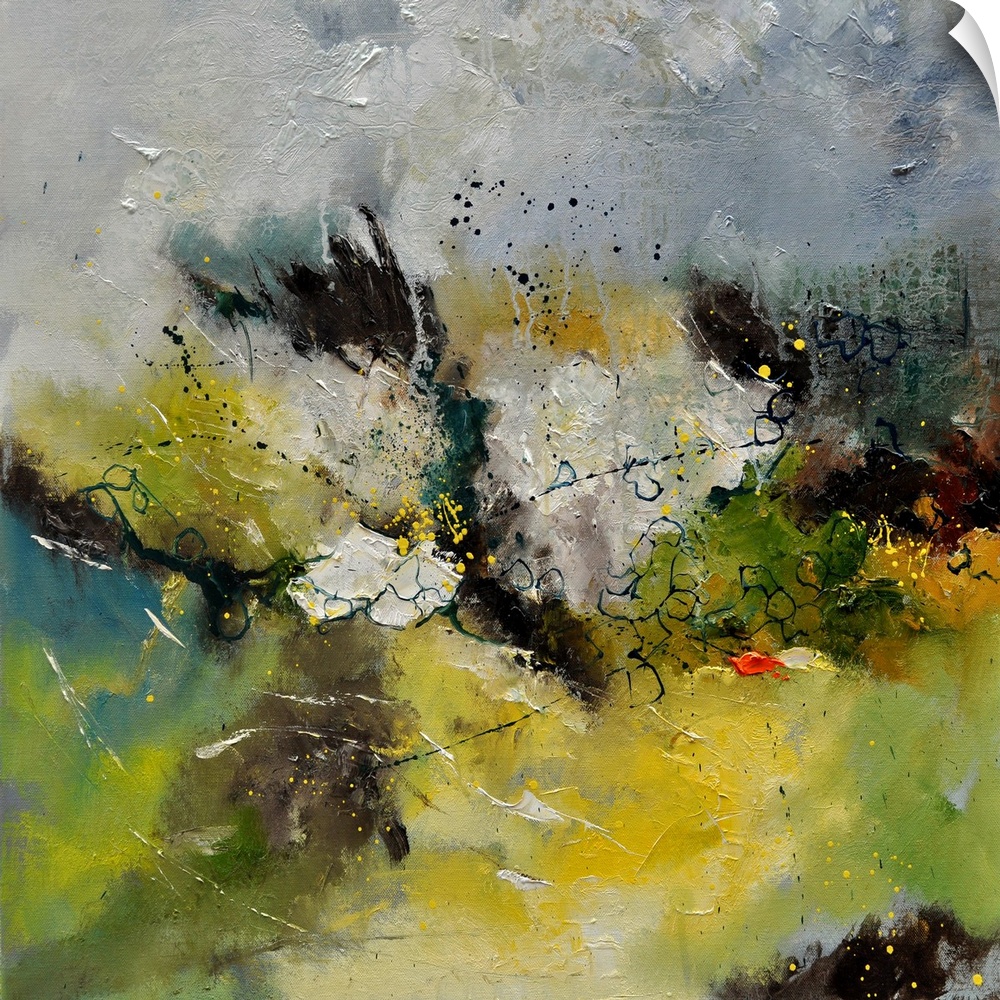 A square abstract painting in textured shades of gray, brown, green and yellow with splatters of paint overlapping.