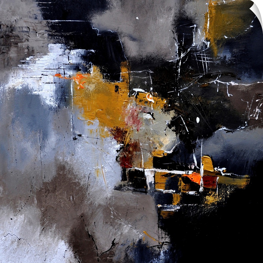 A square abstract painting in textured shades of black, brown and gray with splatters of paint overlapping.