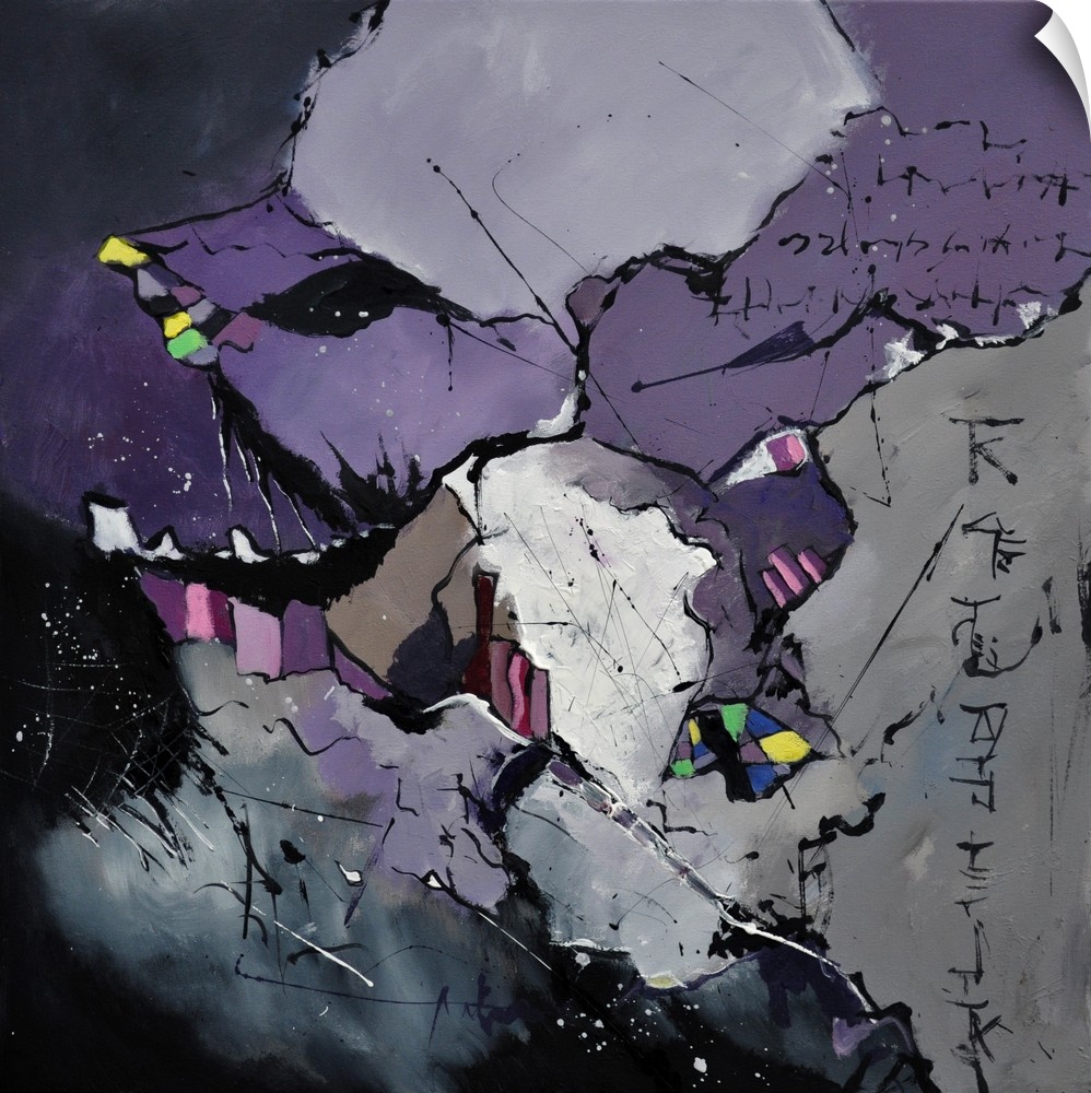 A square abstract painting in textured shades of purple, black and gray with splatters of paint overlapping.