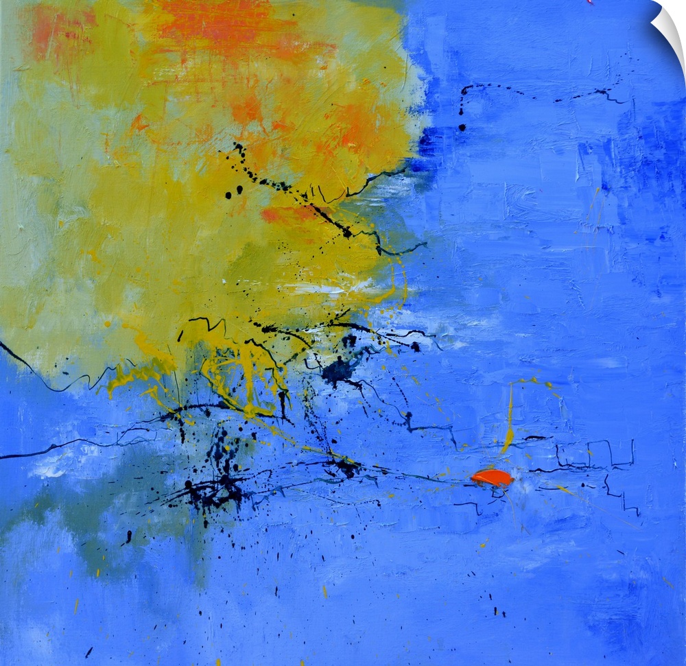 A square abstract painting in textured shades of orange, blue and yellow with splatters of paint overlapping.