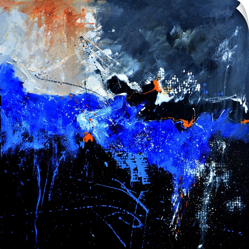 A square abstract painting in shades of black, blue, white and orange with splatters of paint overlapping.