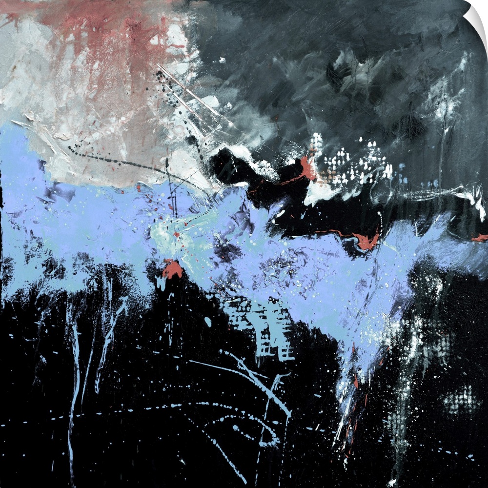 A square abstract painting in textured shades of black, blue and gray with splatters of paint overlapping.