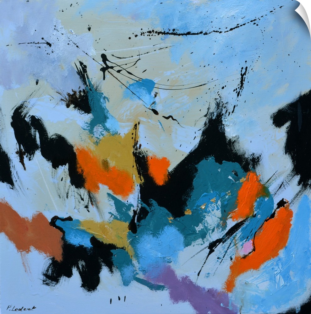 A square abstract painting in muted shades of black, blue,orange and purple with splatters of paint overlapping.