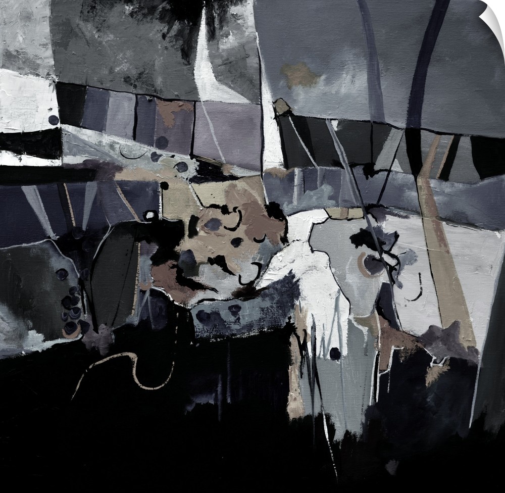 A square abstract painting in textured shades of black, white and gray with splatters of paint overlapping.