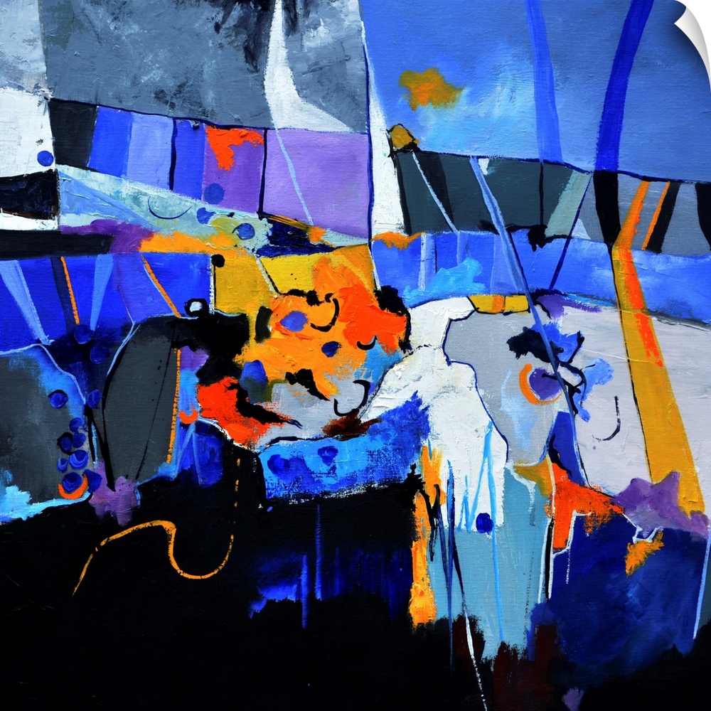 A square abstract painting in dark shades of black, blue, white and orange with splatters of paint overlapping.
