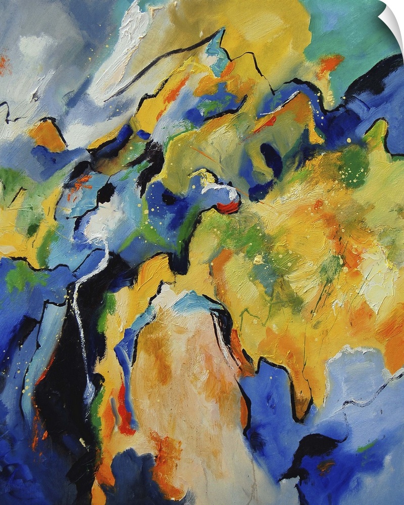A vertical abstract painting with deep colors of blue, green and yellow.