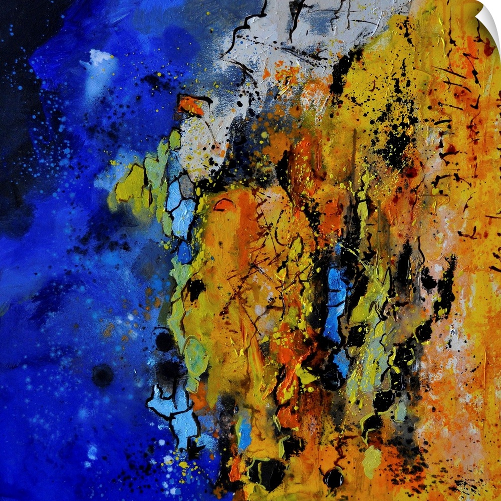 A square abstract painting with vibrant colors of blue, orange and yellow.