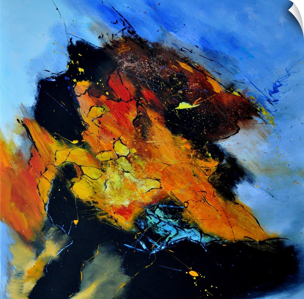 Abstract painting in shades of orange, yellow, blue and red mixed in with black contrasting designs.