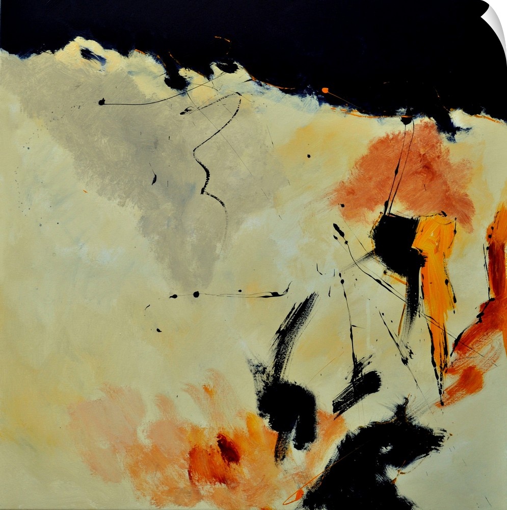 A square abstract painting with muted colors of orange and yellow.