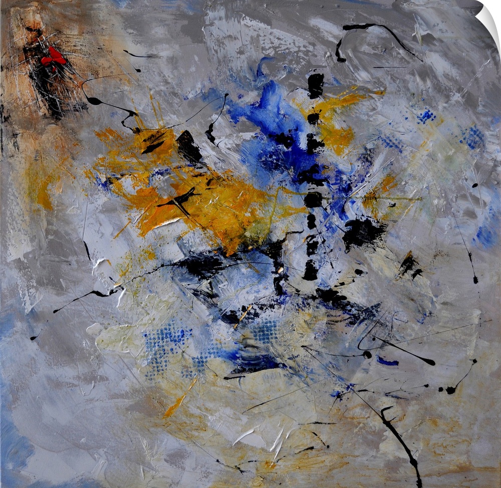 A square abstract painting in dark shades of gray, blue, white and yellow with splatters of paint overlapping.